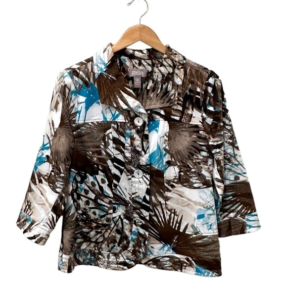 Chicos Safari Leopard‎ Palm Print Button Front Blazer Jacket Size Small - Picture 1 of 7